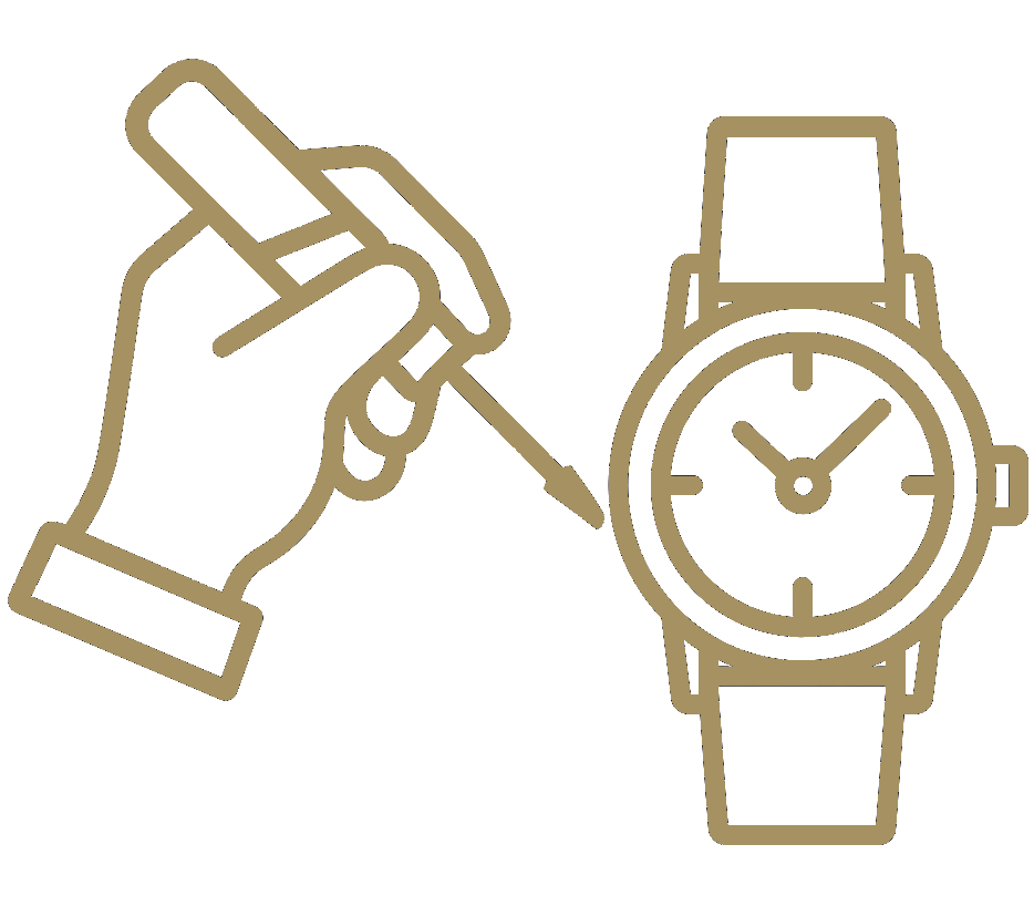 Gold icon of a hand applying nail polish to a watch.