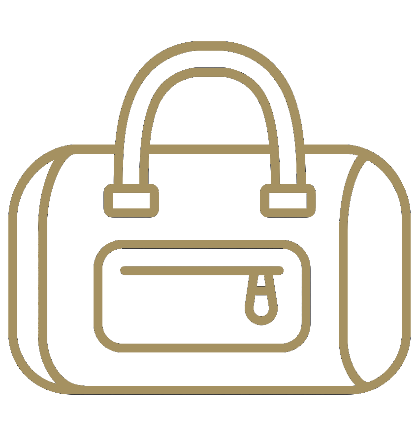 Gold outline of a handbag on a white background