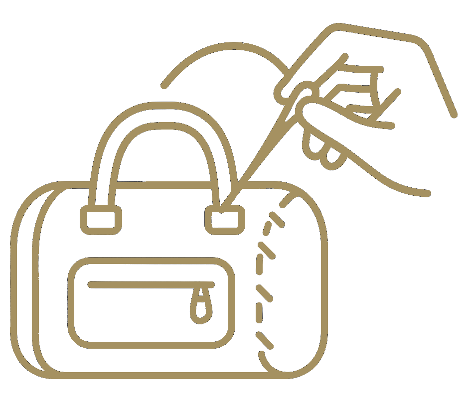 Outline of a hand holding a handbag on a white background