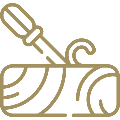 Decorative icon of a screwdriver and rolled-up paper with decorative elements on a white background
