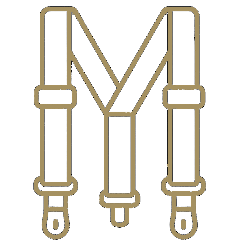 Gold letter 'M' with suspenders on a white background