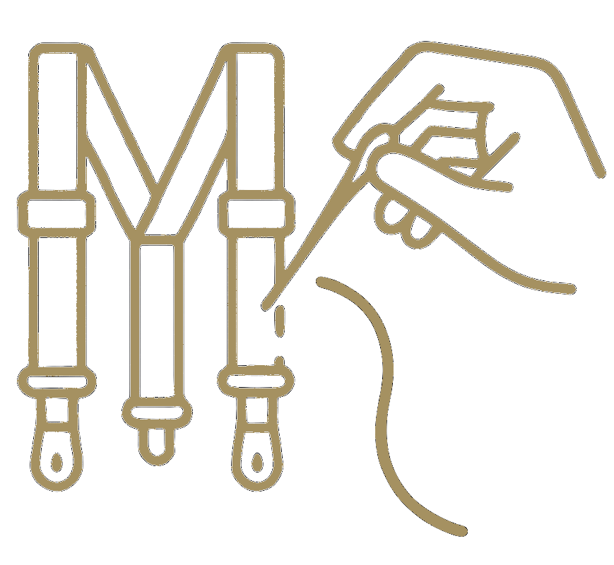 Outline of suspenders and a hand holding a pen on a white background